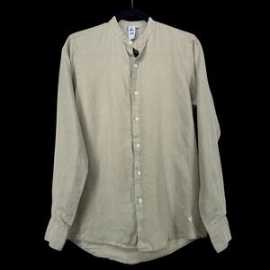 Felix Size Small Linen Mandarin Collar Shirt Beige Neutral Button Down Women's